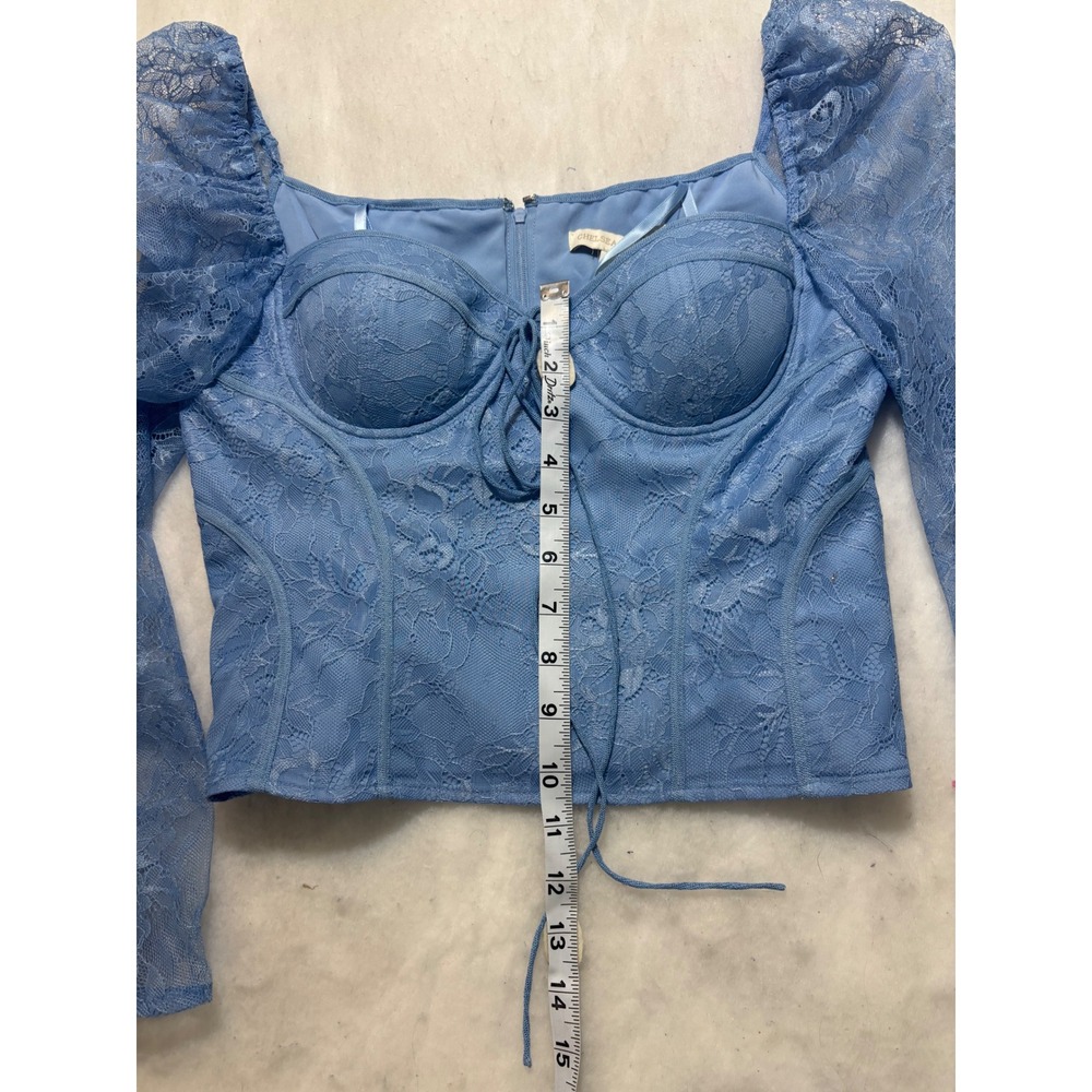 Chelsea & Violet Blue Lace Corset Top Long Puff Sleeve Sweetheart Size 4 NWT - Picture 9 of 13